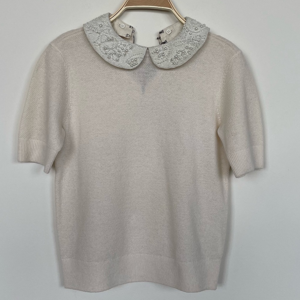 NWT Alice and Olivia Short Sleeve Sweater with Detachable Pearl Collar - Ivory
